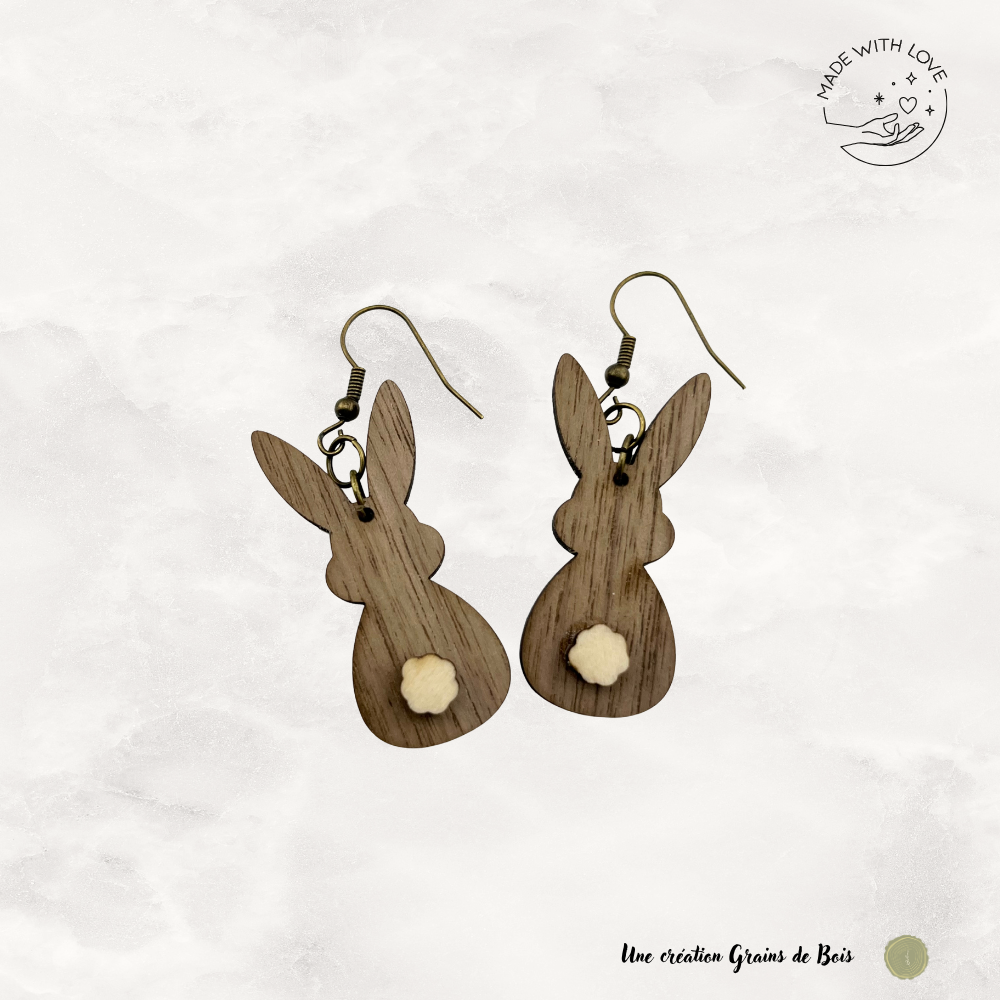 Boucles d'oreilles - Lapin de Pâques noyer - pompon clair