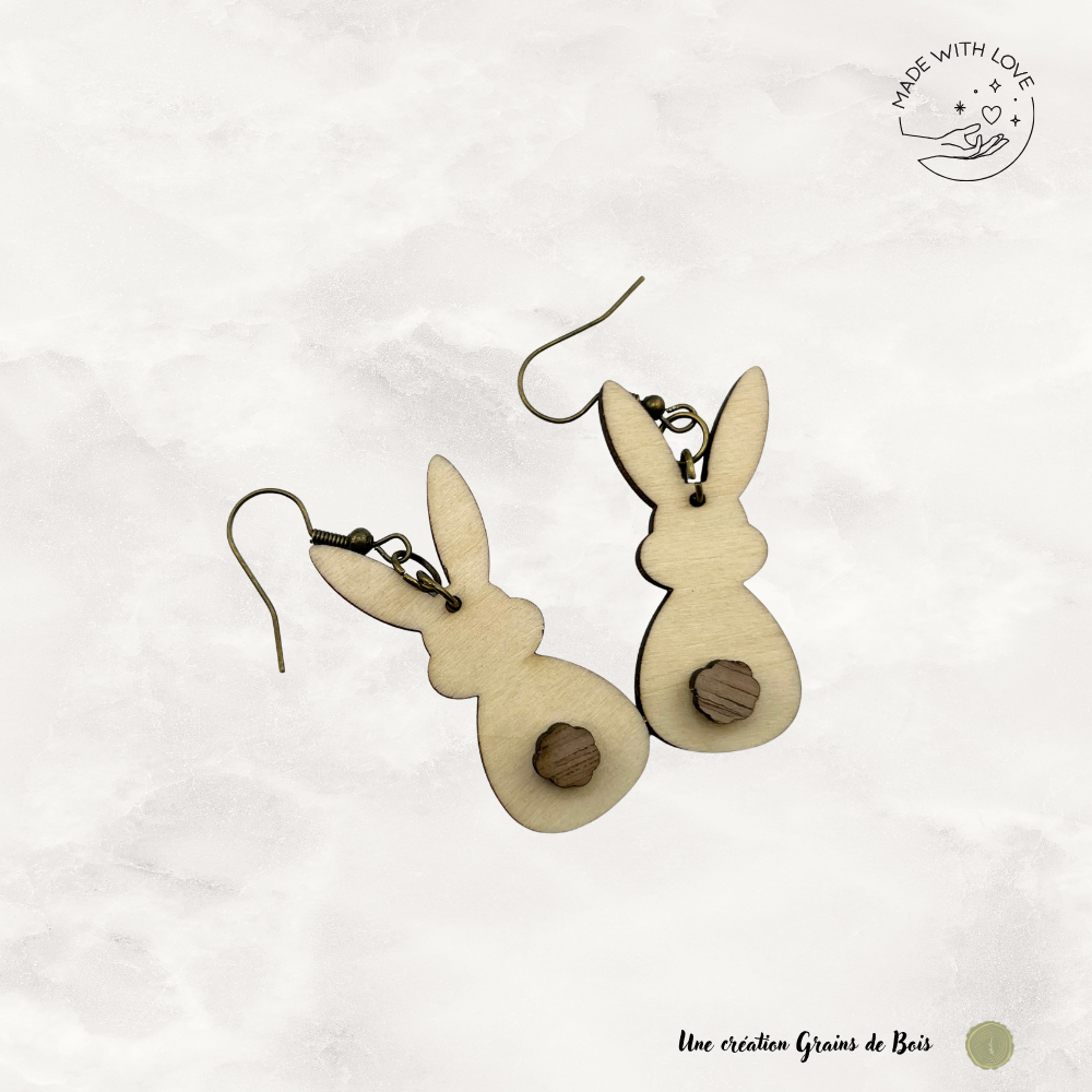 Boucles d'oreilles - Lapin de Pâques hêtre - pompon noyer