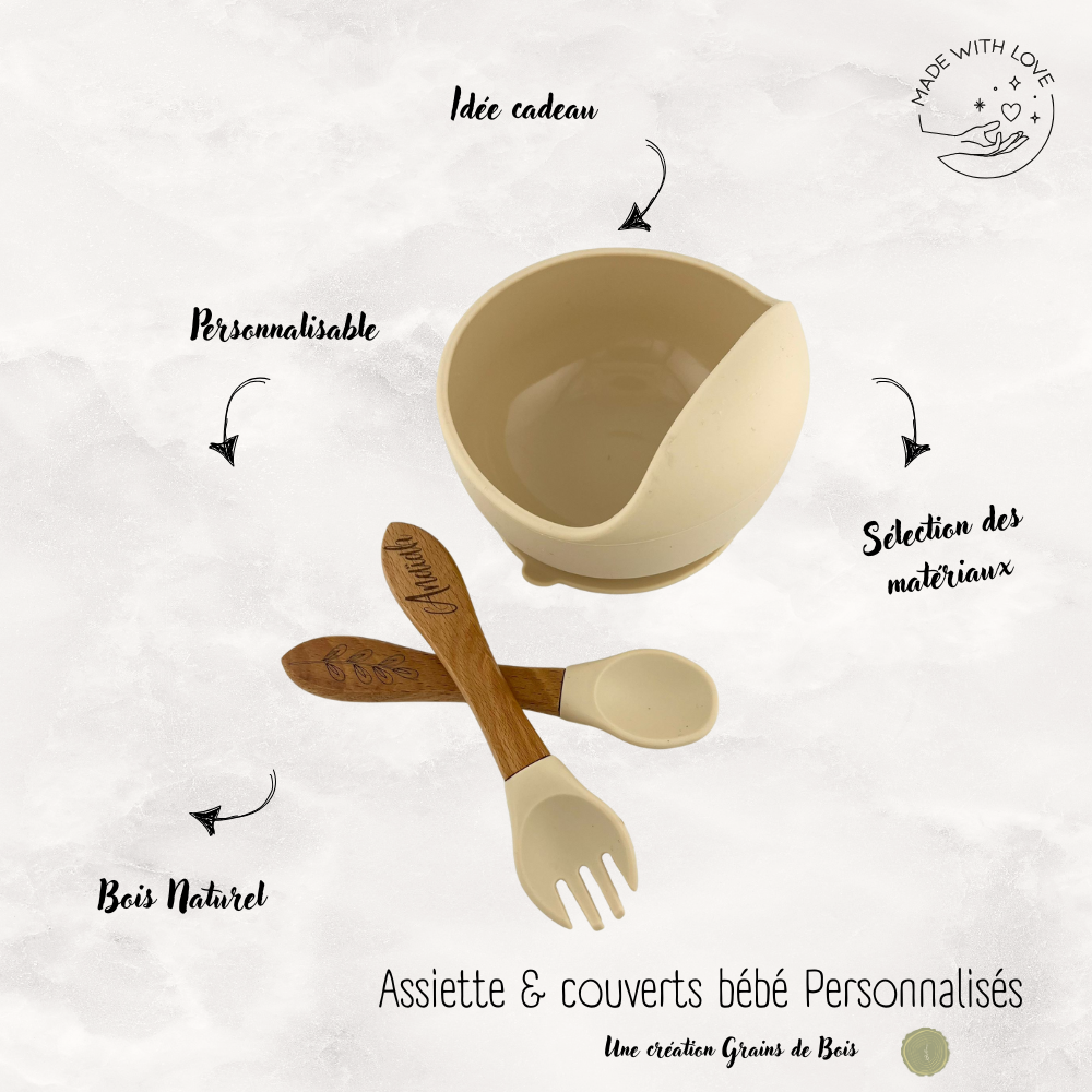 Assiette + couvert bébé Personnalisable - Rose