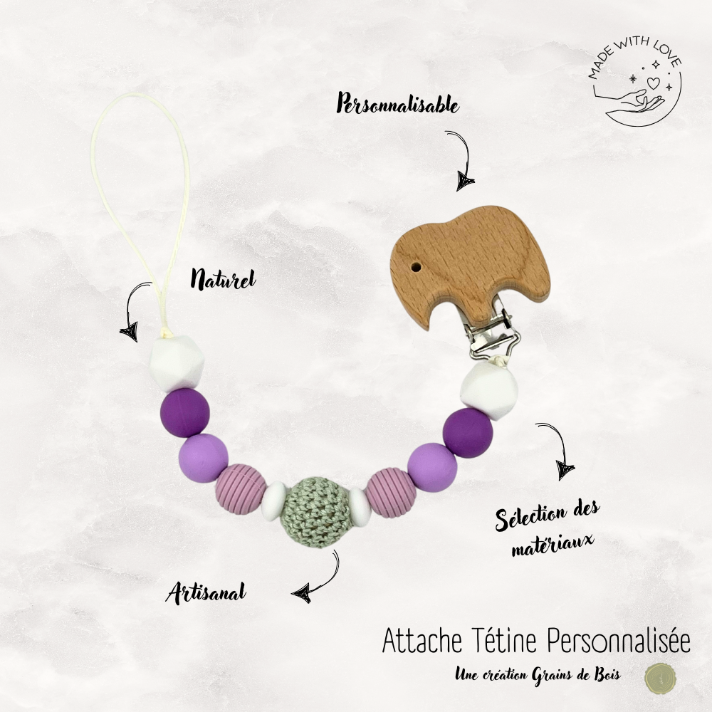 Attache tétine Elephant Personnalisable - Lilas