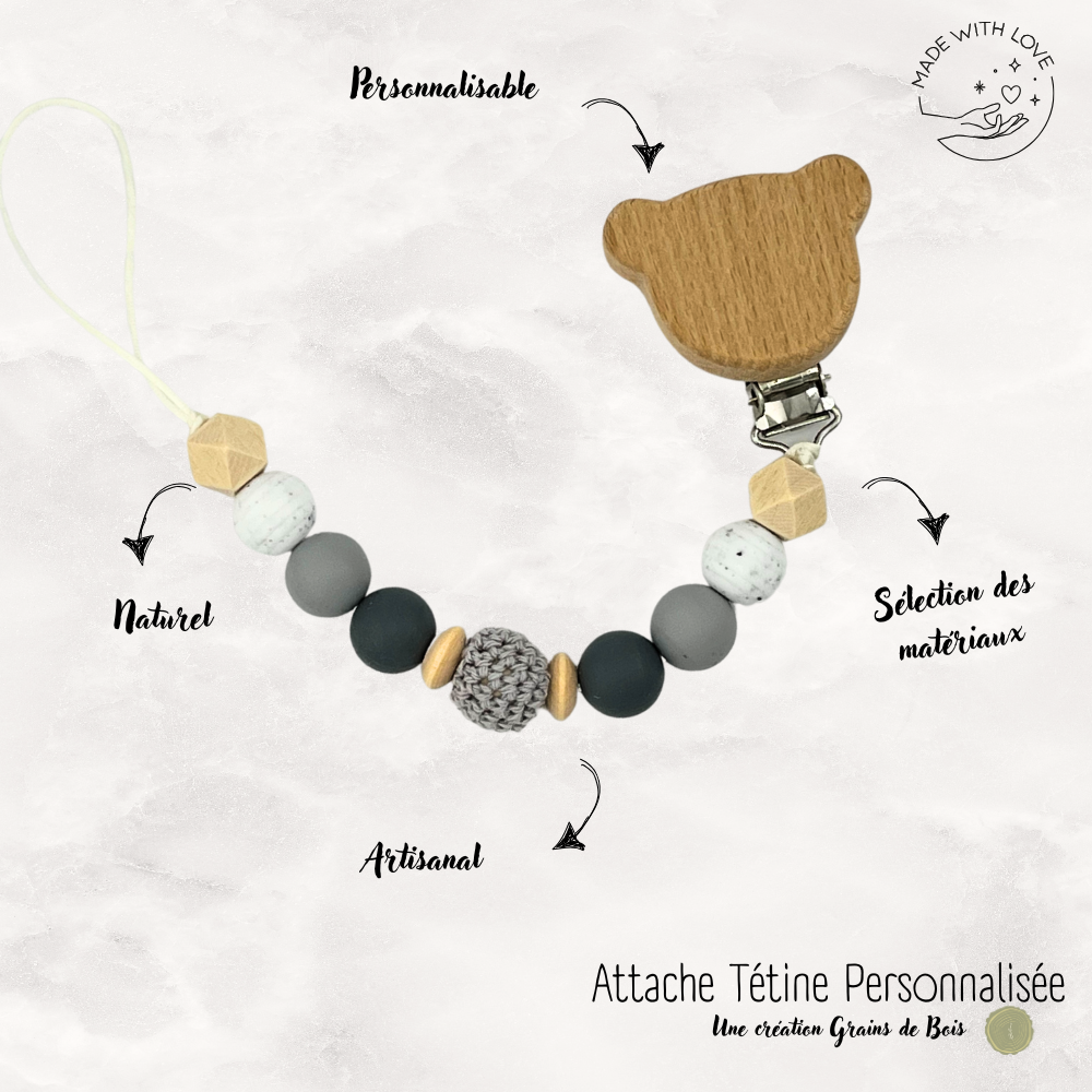 Attache tétine Ours Personnalisable - Gris Marbré