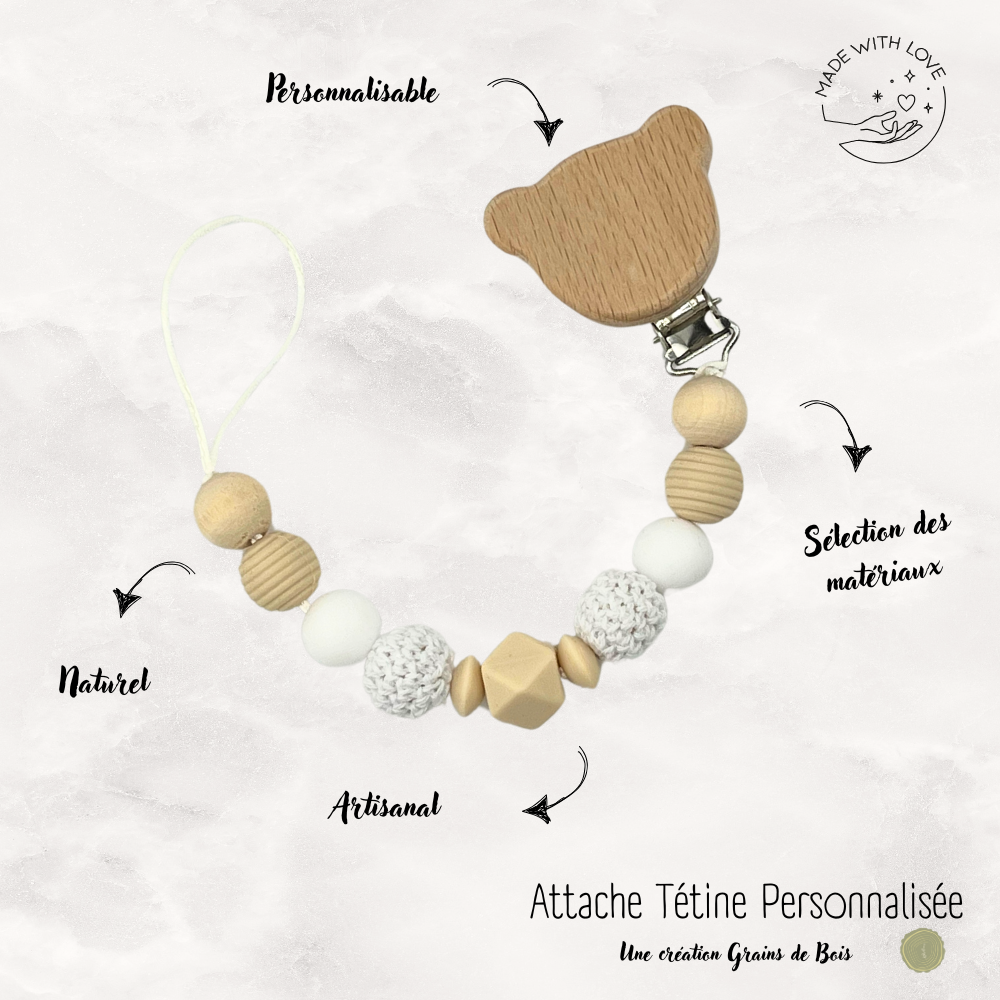 Attache tétine Ours Personnalisable - Nature