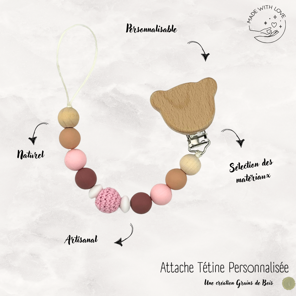 Attache tétine Ours Personnalisable - Rose