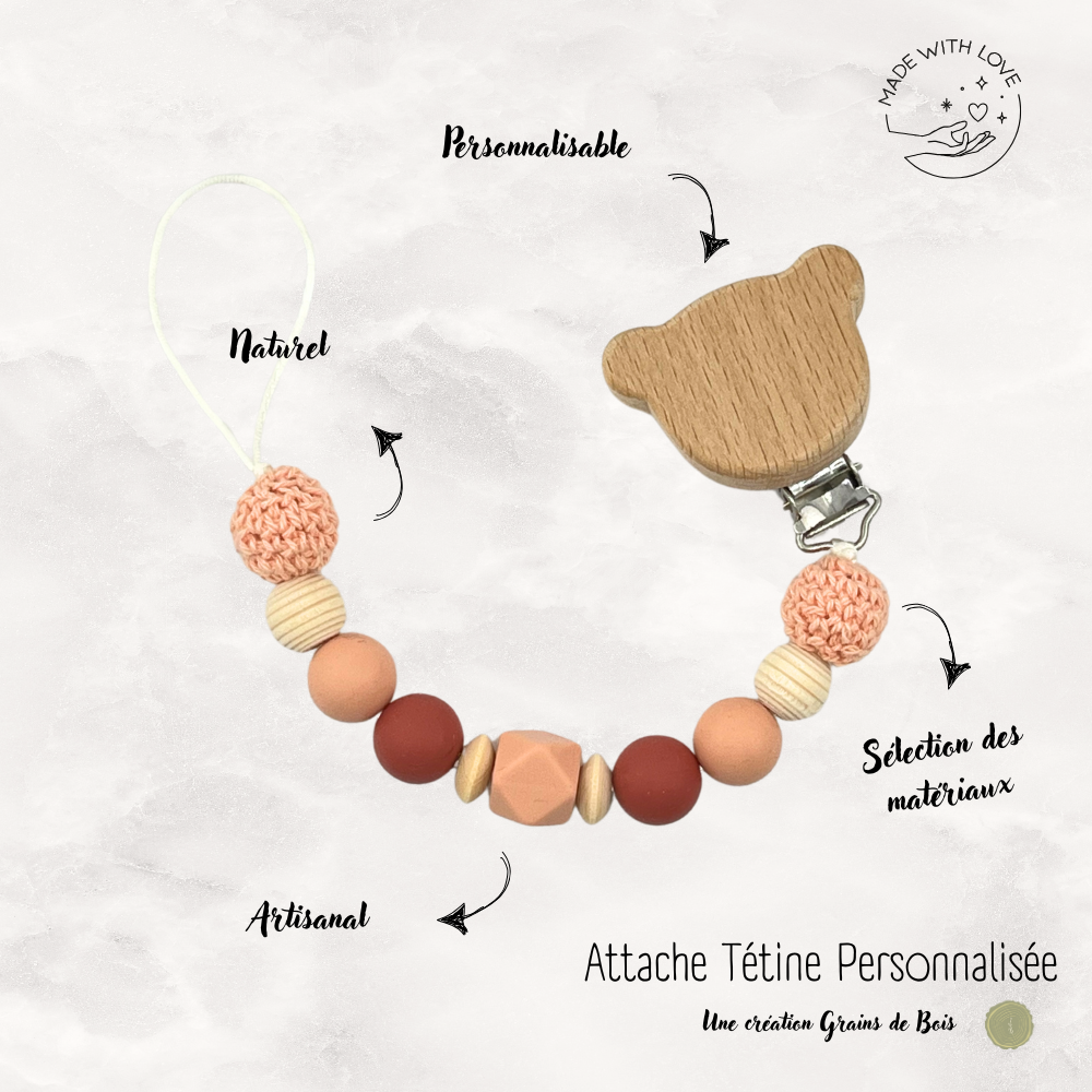 Attache tétine Ours Personnalisable - Terracotta