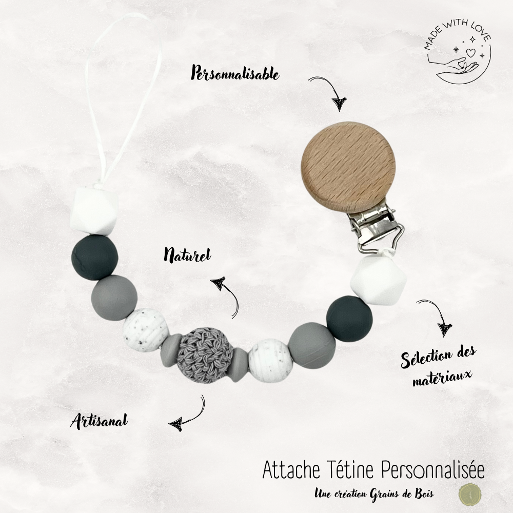 Attache tétine Rond Personnalisable - Gris Marbré