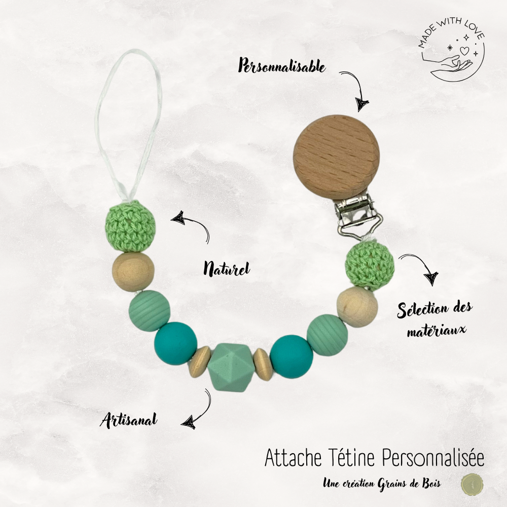 Attache tétine Rond Personnalisable - Vert d'Eau